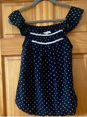LOFT Black Polka Dot Flutter Sleeve Smocked Cotton Blouse Size S